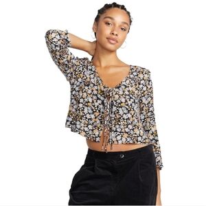 Volcom Black and Yellow Floral Ruffle Tie Up Top Cropped Boho Flowy NWT XL